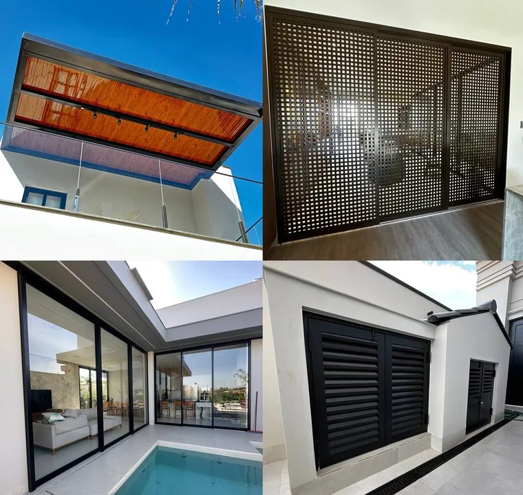 Obras da 2 Irmãos: pergolado com vidro, painel vazado, esquadrias de alumínio e venezianas pretas